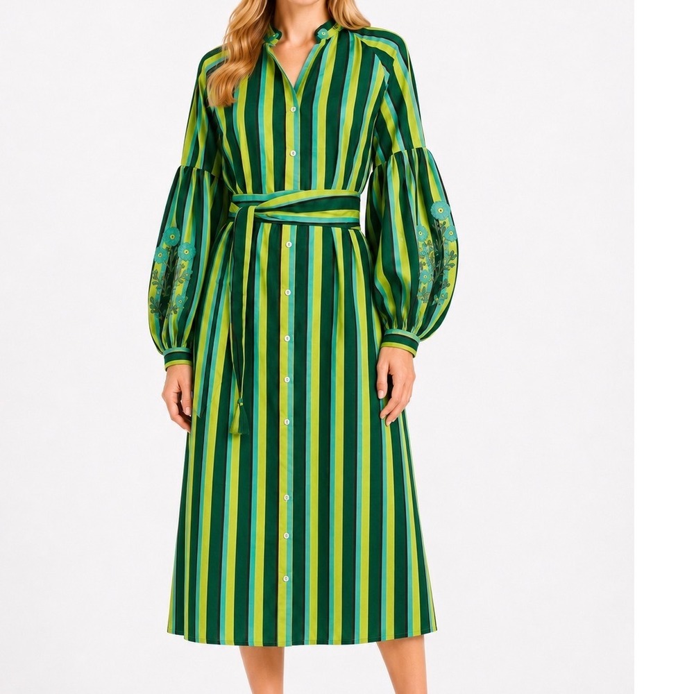 Bella Tu Green Striped Cotton Maxi Dress XL Embroidered Balloon Sleeve Kaftan